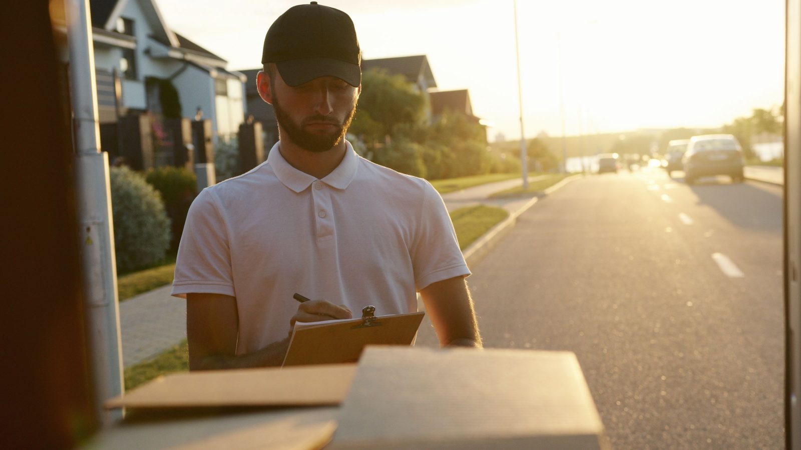 A man in a cap writes on a clipboard on a suburban street at sunset