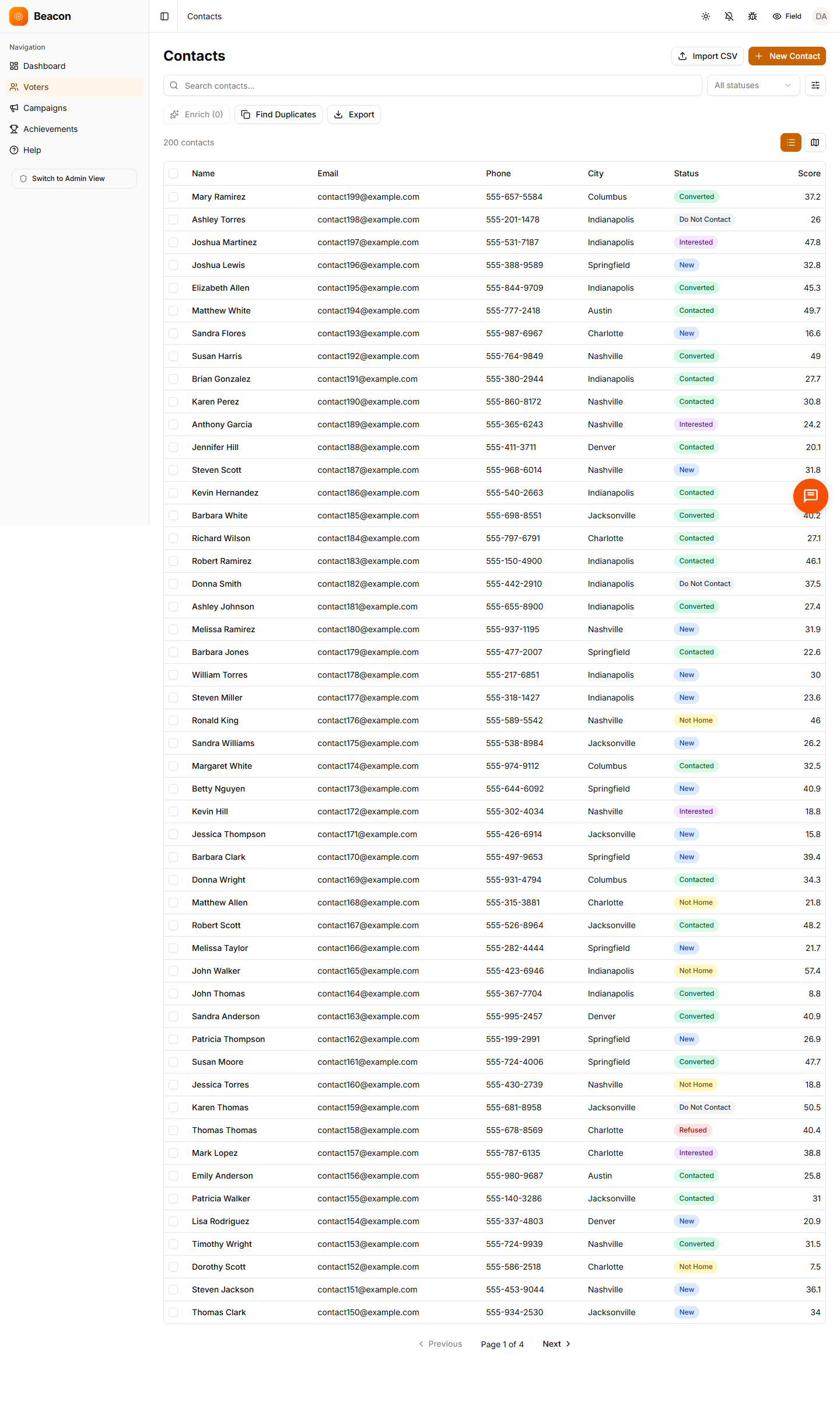 Beacon contacts table view with 25,000 contacts loaded — name, address, phone, email, lead score columns ready for enrichment append