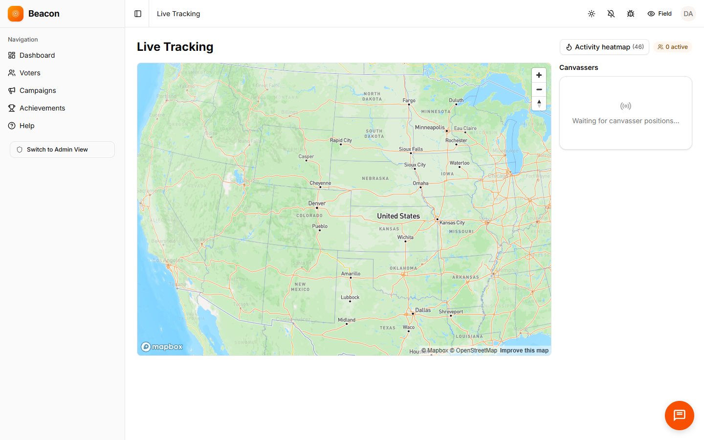Beacon admin live tracking page showing the position trail of canvassers across multiple territories with the activity feed alongside