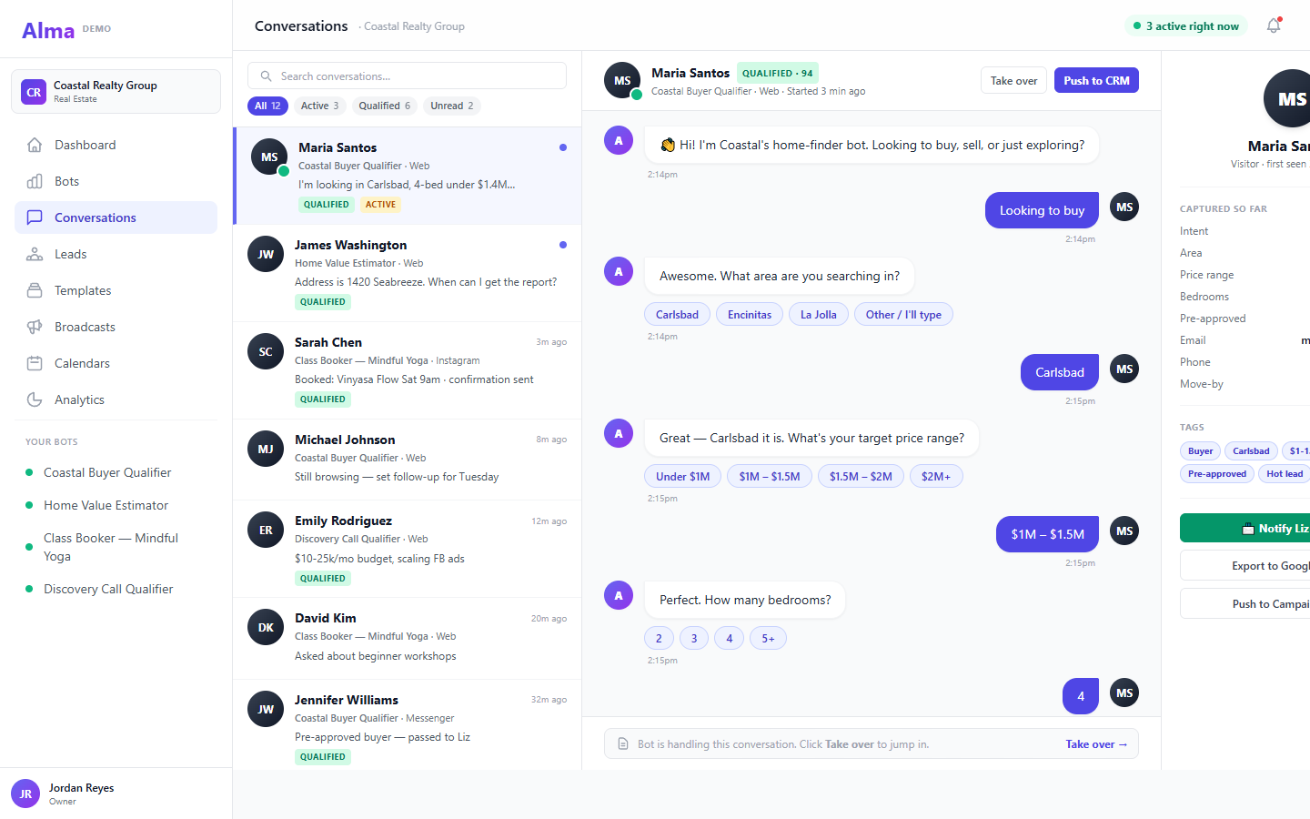 Alma chatbot inbox with conversation list and an active visitor chat