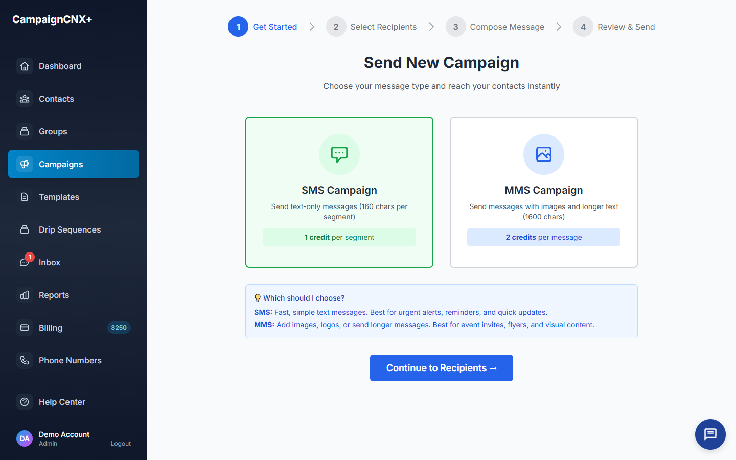 CampaignCNX+ Send New Campaign wizard with SMS vs MMS message-type picker