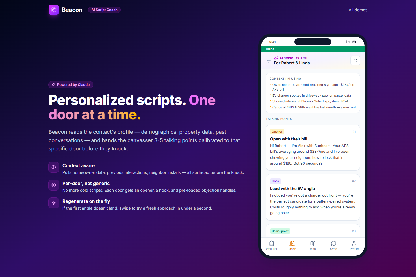 Beacon AI Script Coach desktop view showing the coaching panel with personalized opener, three talking points, and the contact's enriched profile