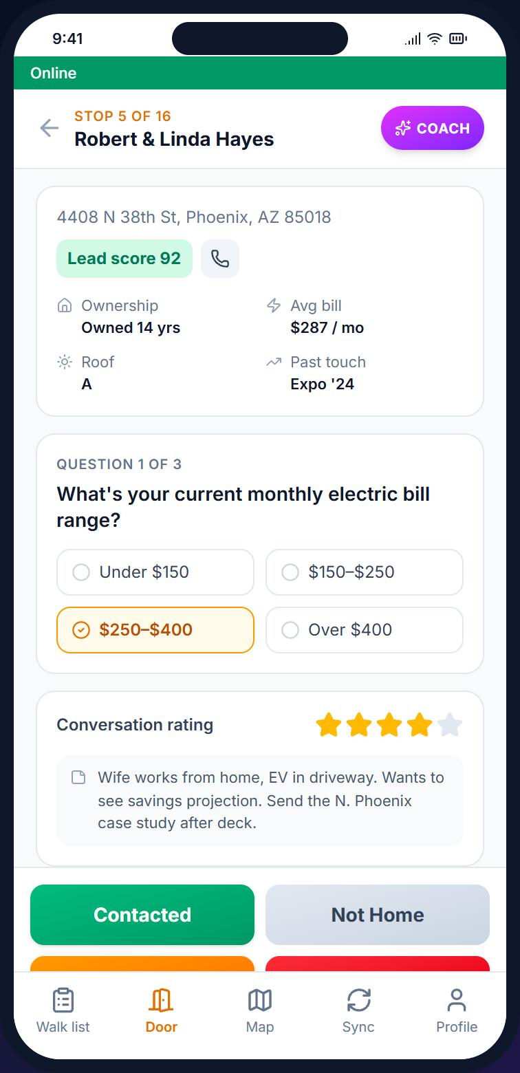 Beacon mobile door screen with the Hayes household, lead score 92, and a Get AI Talking Points action