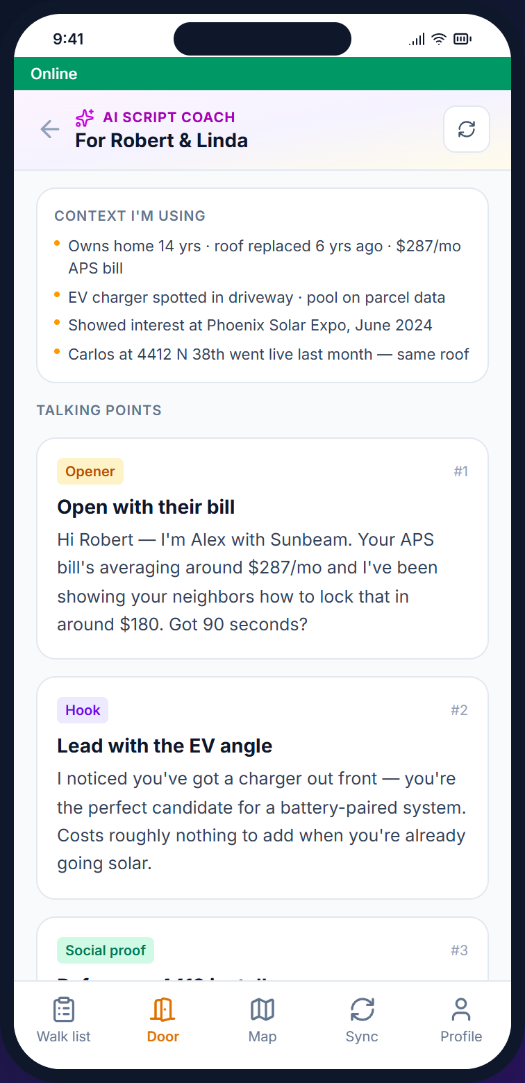Beacon AI Script Coach overlay on mobile, showing personalized opener and three talking points generated for the next door